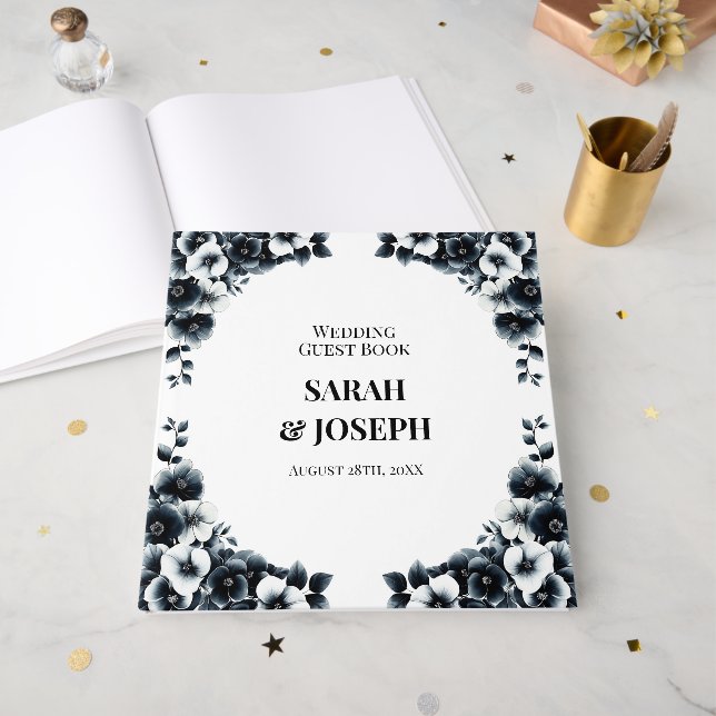 Libro De Visitas Elegant Black and White Floral Wedding (Anverso Abierto)