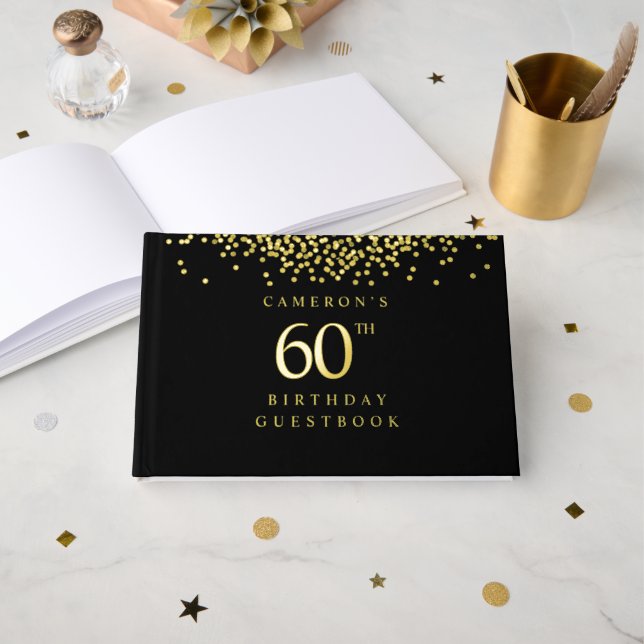Libro De Visitas Elegant black gold foil Custom 60th birthday  (Anverso Abierto)