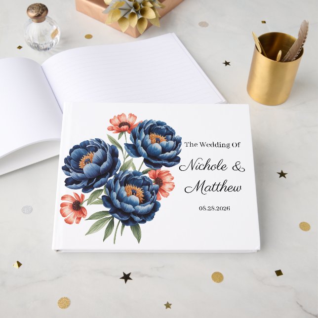 Libro De Visitas Elegant Blue and Burnt Orange Floral Wedding  (Anverso Abierto)