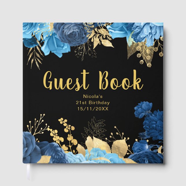 Libro De Visitas Elegant Blue and Gold Flowers Birthday Party (Anverso)