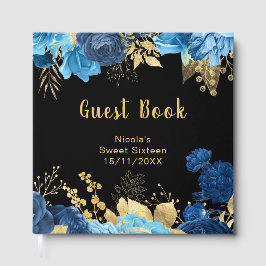 Libro De Visitas Elegant Blue and Gold Flowers Sweet Sixteen