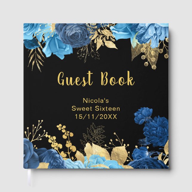 Libro De Visitas Elegant Blue and Gold Flowers Sweet Sixteen (Anverso)
