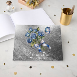 Libro De Visitas Elegant Blue Roses and Butterfly Silver Wedding