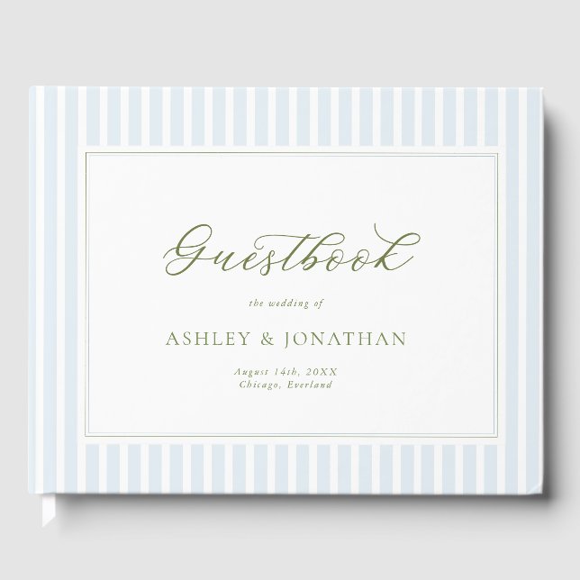 Libro De Visitas Elegant Blue & Sage Striped Wedding Invitation (Anverso)