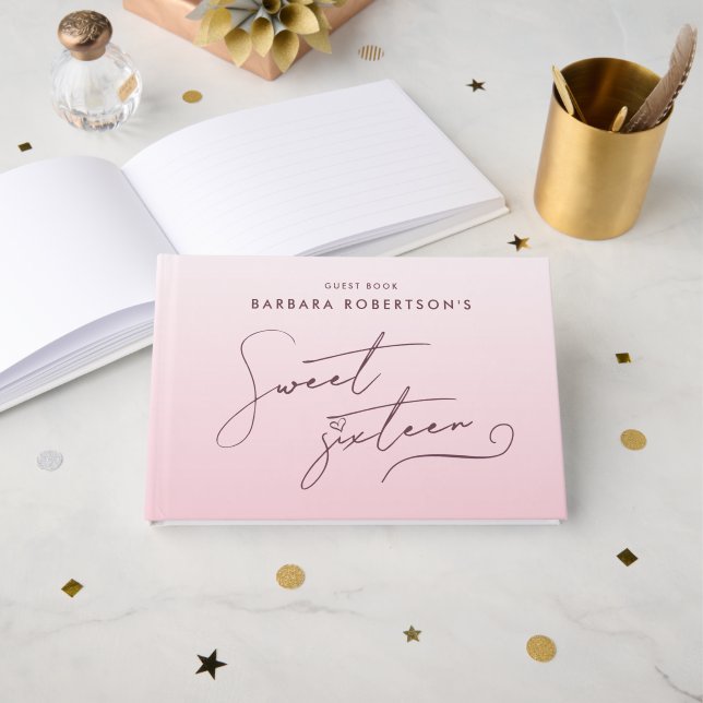 Libro De Visitas Elegant Blush Pink Ombre Script Sweet Sixteen (Anverso Abierto)