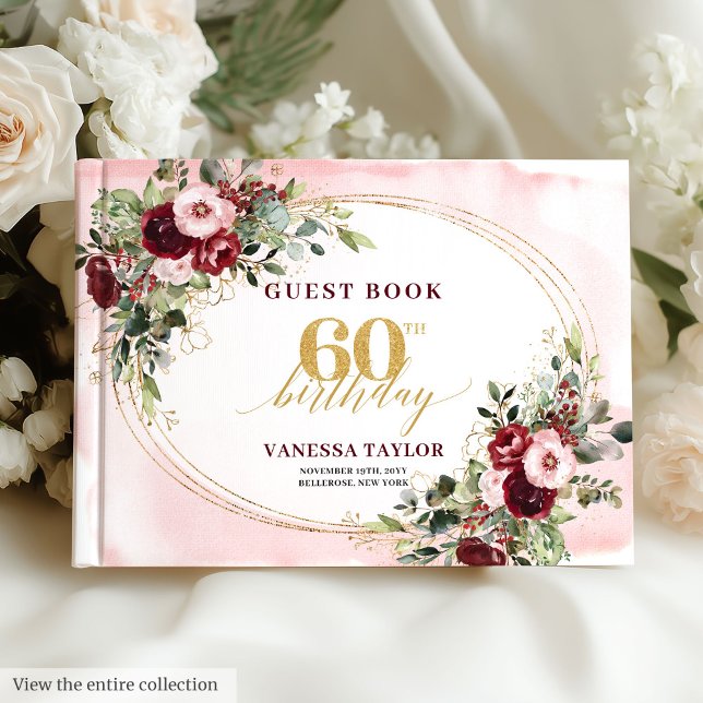 Libro De Visitas Elegant Boho Burgundy Roses Gold 60th Birthday  (Elegant boho burgundy and blush floral 60th guest book — customizable keepsake.)