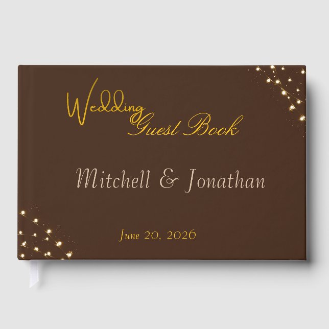 Libro De Visitas Elegant Brown & Gold String Lights Wedding  (Anverso)