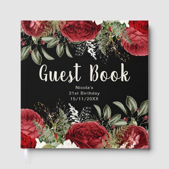 Libro De Visitas Elegant Christmas Red Flowers Birthday Party (Anverso)