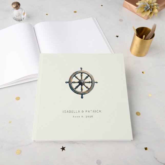 Libro De Visitas Elegant Cream Nautical Wheel (Anverso Abierto)