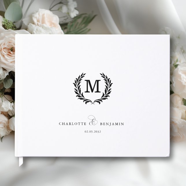 Libro De Visitas Elegant Crest Monogram Wedding White (Custom Elegant Crest Monogram Wedding White Guest Book)
