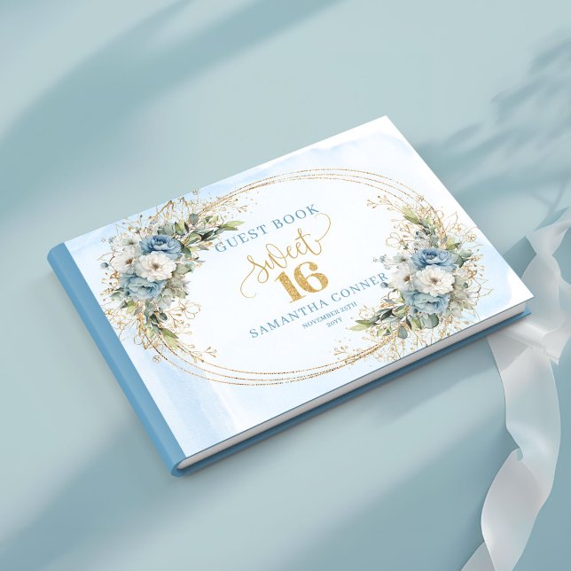 Libro De Visitas Elegant Dusty Blue Floral Sweet Sixteen Guest Book (dusty blue flowers sweet sixteen,
eucalyptus greenery foliage guestbook,
wreath 16th birthday guest )
