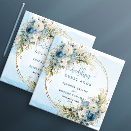 Libro De Visitas Elegant Dusty Blue Flowers Gold Wedding Guest Book