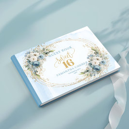 Libro De Visitas Elegant Dusty Blue Gold Greenery Sweet Sixteen