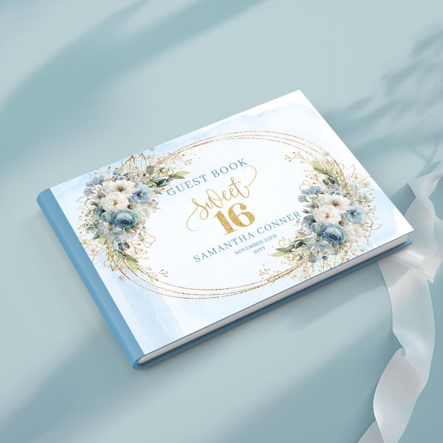 Libro De Visitas Elegant Dusty Blue Gold Greenery Sweet Sixteen  (Elegant Dusty Blue Gold Greenery Sweet Sixteen Guest Book

)