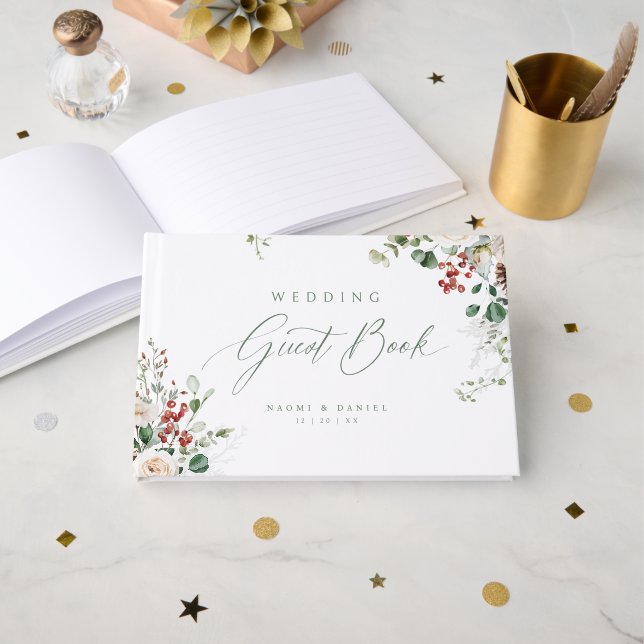 Libro De Visitas Elegant Festive Floral Holiday Winter Wedding (Anverso Abierto)