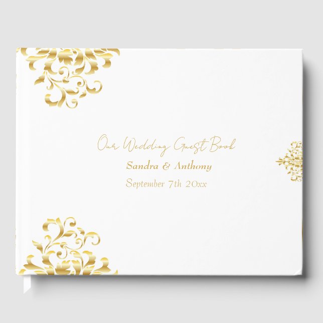 Libro De Visitas Elegant Gold and White Damask Wedding Guest Book (Anverso)