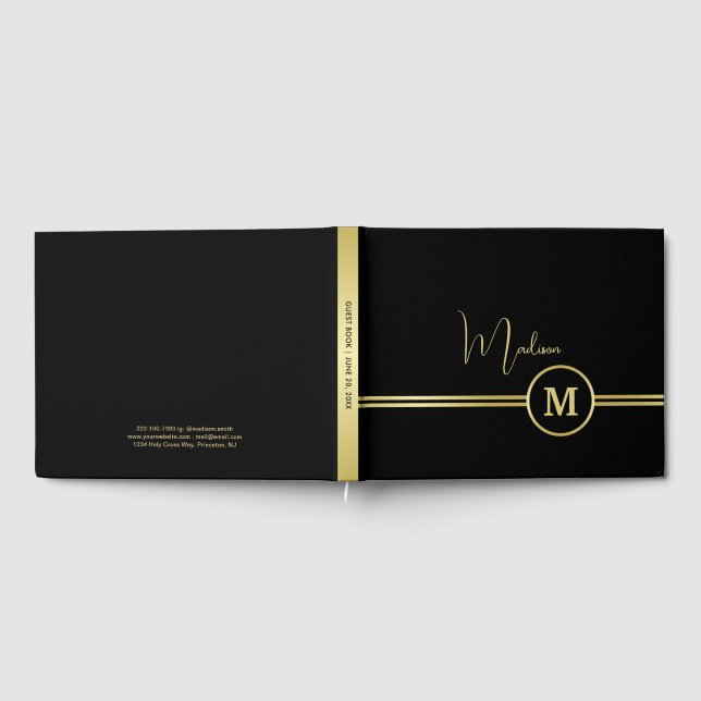 Libro De Visitas Elegant Gold Signature Monogram on Black (Lleno)