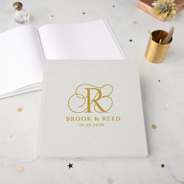 Libro De Visitas Elegant Gold Wedding Monogram (Anverso Abierto)