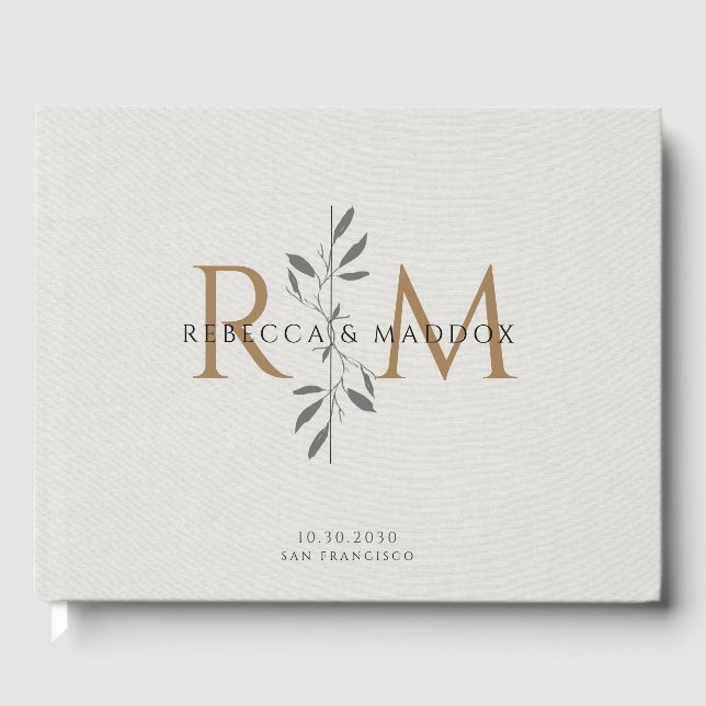 Libro De Visitas Elegant Gray Botanical Monogram Wedding (Anverso)
