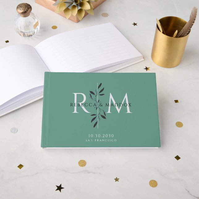 Libro De Visitas Elegant Gray Green Botanical Monogram Wedding (Anverso Abierto)