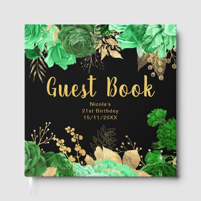 Libro De Visitas Elegant Green and Gold Flowers Birthday Party (Anverso)