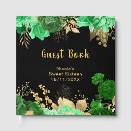 Libro De Visitas Elegant Green and Gold Flowers Sweet Sixteen