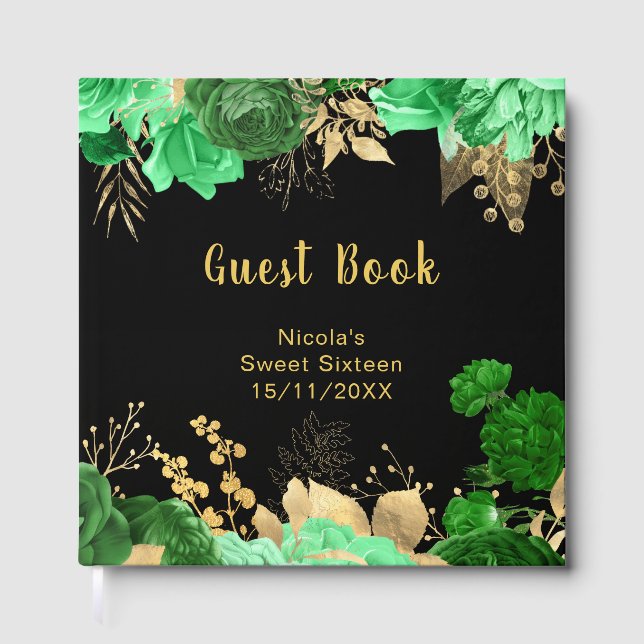 Libro De Visitas Elegant Green and Gold Flowers Sweet Sixteen (Anverso)