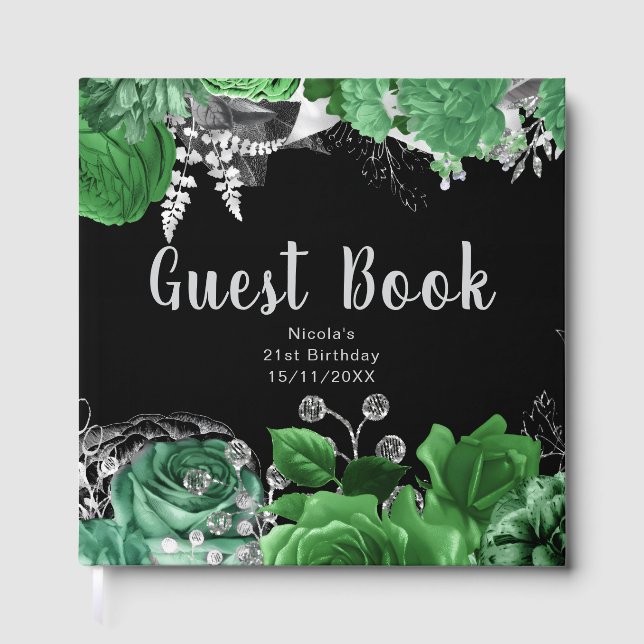 Libro De Visitas Elegant Green and Silver Flowers Birthday Party (Anverso)