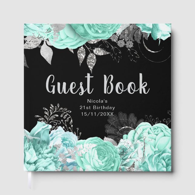Libro De Visitas Elegant Green and Silver Flowers Birthday Party (Anverso)