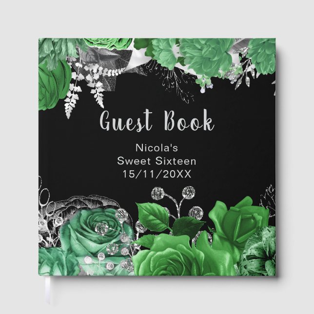 Libro De Visitas Elegant Green and Silver Flowers Sweet Sixteen  (Anverso)