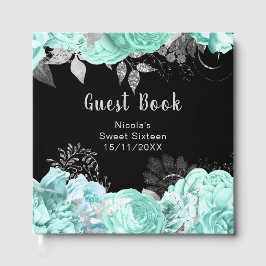 Libro De Visitas Elegant Green and Silver Flowers Sweet Sixteen
