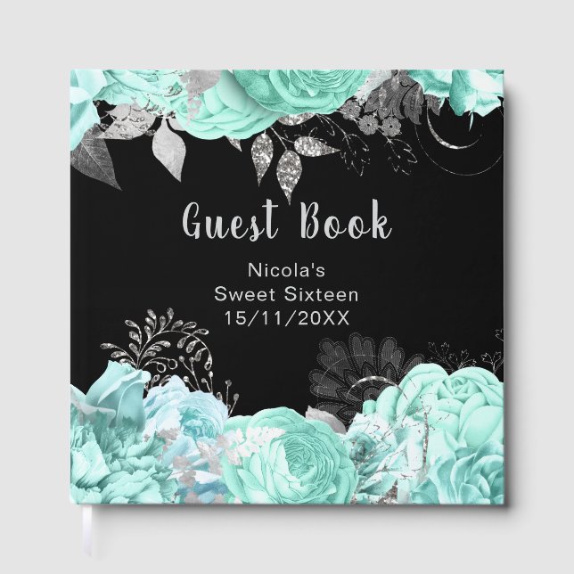 Libro De Visitas Elegant Green and Silver Flowers Sweet Sixteen (Anverso)