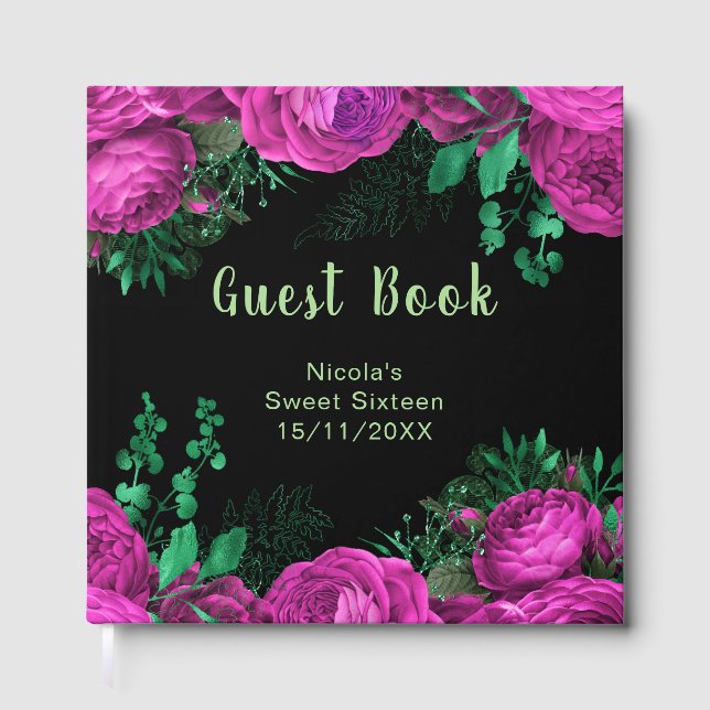 Libro De Visitas Elegant Hot Pink Flowers Sweet Sixteen (Anverso)