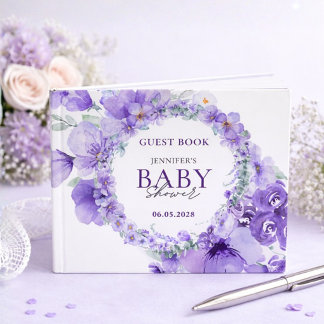 Libro De Visitas Elegant Lavender Floral Baby Shower Watercolor