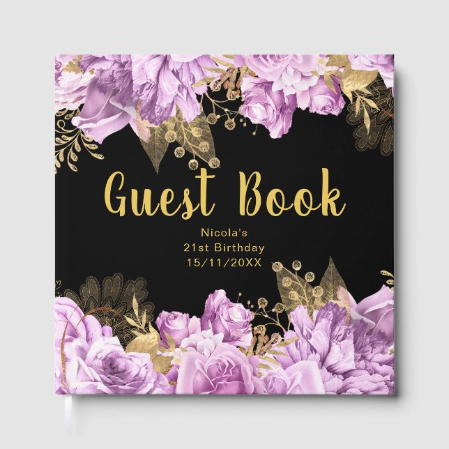 Libro De Visitas Elegant Lilac and Gold Flowers Birthday Party (Anverso)
