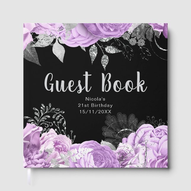 Libro De Visitas Elegant Lilac and Silver Flowers Birthday Party (Anverso)
