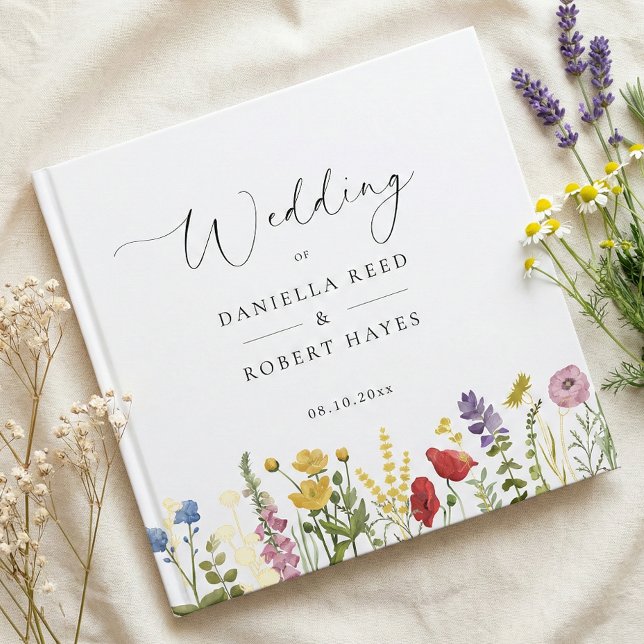 Libro De Visitas Elegant Minimalist Whimsical Wildflower Wedding (modern minimalist script calligraphy wildflower gold foil wedding guest book)