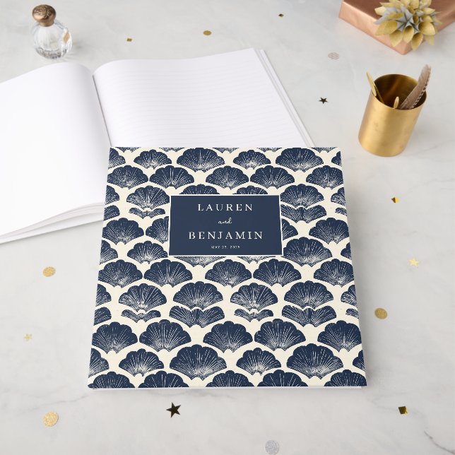Libro De Visitas Elegant Navy Seashell Nautical (Anverso Abierto)