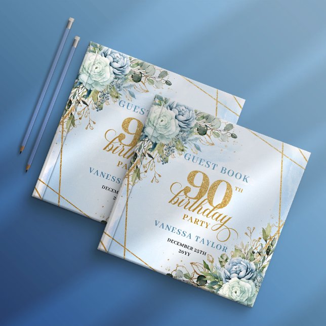 Libro De Visitas Elegant Pale Blue Gold Frame 90th Birthday Sign In (Lovely dusty blue 90th birthday gold x guestbook sign in)