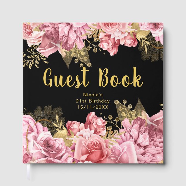 Libro De Visitas Elegant Pink and Gold Flowers Birthday Party (Anverso)
