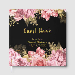 Libro De Visitas Elegant Pink and Gold Flowers Sweet Sixteen