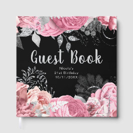 Libro De Visitas Elegant Pink and Silver Flowers Birthday Party