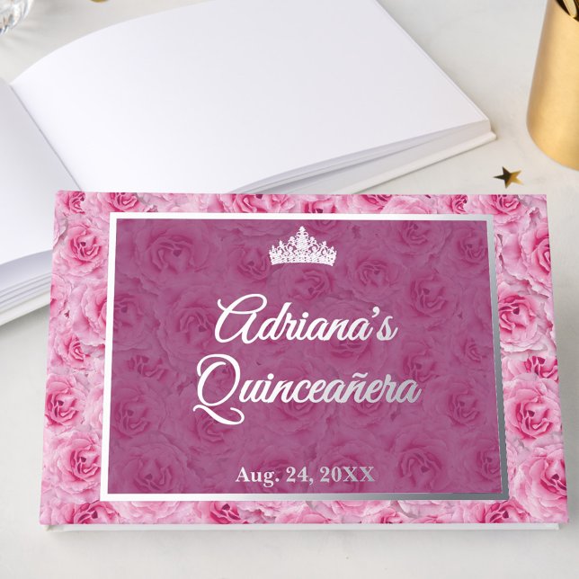 Libro De Visitas Elegant Pink Rose Floral Quinceanera Silver (Subido por el creador)