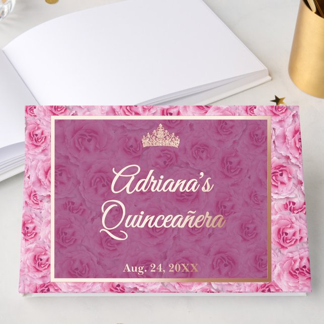Libro De Visitas Elegant Pink Rose Gold Floral Quinceanera (Subido por el creador)