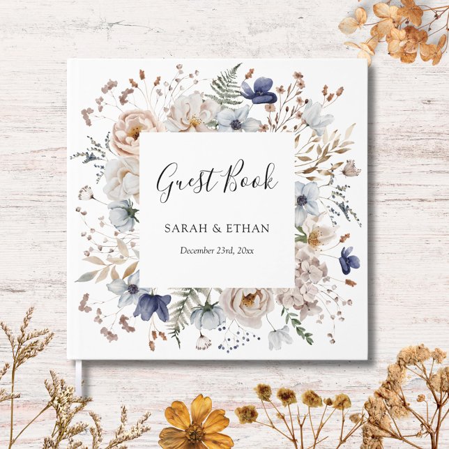 Libro De Visitas Elegant Pretty Beige Blue Flowers Floral Wedding (In situ)