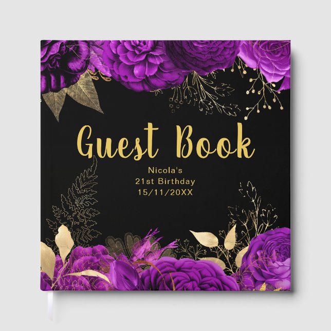 Libro De Visitas Elegant Purple and Gold Flowers Birthday Party (Anverso)
