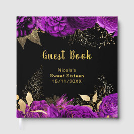 Libro De Visitas Elegant Purple and Gold Flowers Sweet Sixteen