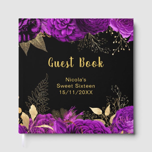 Libro De Visitas Elegant Purple and Gold Flowers Sweet Sixteen (Anverso)