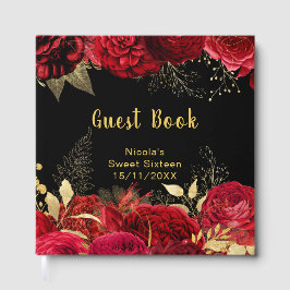 Libro De Visitas Elegant Red and Gold Flowers Sweet Sixteen