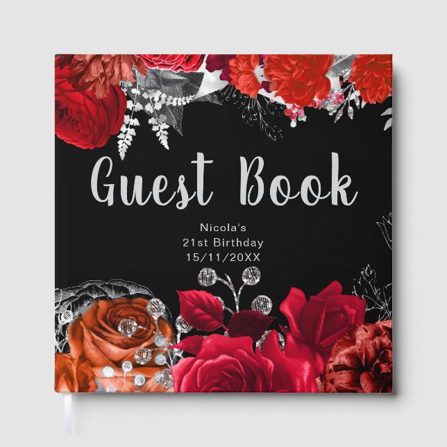 Libro De Visitas Elegant Red and Silver Flowers Birthday Party (Anverso)
